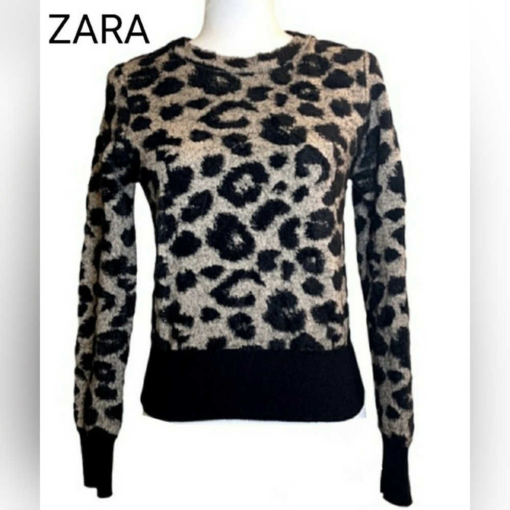 ZARA Leopard Print Textured Pullover Sweater Women Tan And Black- Slim Ptp16 1/2